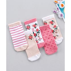Cute Walk by Babyhug Anti Bacterial Ankle Length Stripe Socks Pack of 5 - Pink White