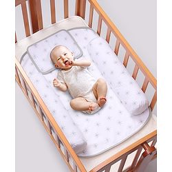 Babyhug 100% Premium Cotton Pillow Bolster & Diaper Changing Mat Set of 4 - Asterisk Grey
