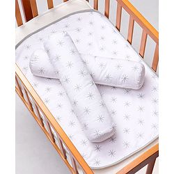 Babyhug 100% Premium Cotton Pillow Bolster & Diaper Changing Mat Set of 4 - Asterisk Grey