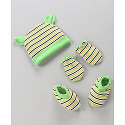 Babyhug 100% Cotton Cap Mittens And Booties Pack Of 3 - Green