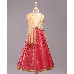 Babyhug Sleeveless Glitter Printed Choli with Lehenga & Dupatta Set - Pink Beige