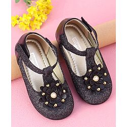 Cute Walk by Babyhug Party Wear Belly Shoes Floral Appliques - Black