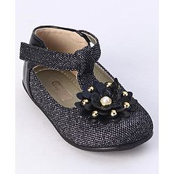 Cute Walk by Babyhug Party Wear Belly Shoes Floral Appliques - Black