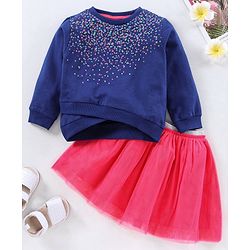 Babyhug Full Sleeves Printed Top & Skirt - Navy Blue Pink