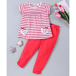 Babyhug Half Sleeves Top & Leggings Striped With Kitty Design - Red