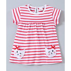 Babyhug Half Sleeves Top & Leggings Striped With Kitty Design - Red