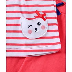 Babyhug Half Sleeves Top & Leggings Striped With Kitty Design - Red