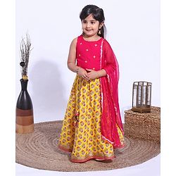 Babyhug Sleeveless Embroidered Choli and Lace Border Ghagra with Net Dupatta - Pink Yellow