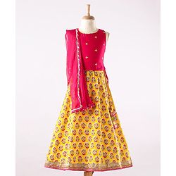 Babyhug Sleeveless Embroidered Choli and Lace Border Ghagra with Net Dupatta - Pink Yellow