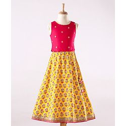 Babyhug Sleeveless Embroidered Choli and Lace Border Ghagra with Net Dupatta - Pink Yellow