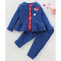 Babyhug Full Sleeves Jacket Top & Jeggings Set Bow Print - Bue