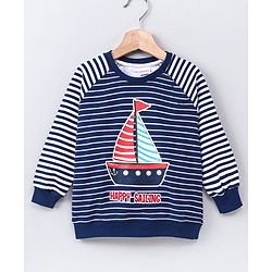 Babyhug Full Sleeves Striped Sweatshirt Boat Print - Navy Blue
