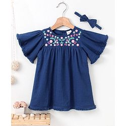 Babyhug Half Sleeves Frock Floral Embroidery - Blue