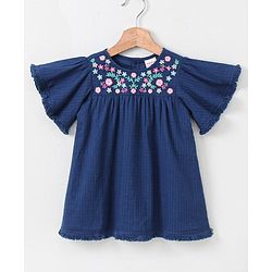 Babyhug Half Sleeves Frock Floral Embroidery - Blue