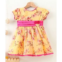 Babyhug Puff Sleeves Frock Floral Appliques - Yellow