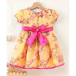 Babyhug Puff Sleeves Frock Floral Appliques - Yellow