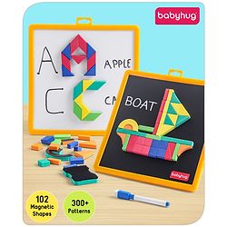 Babyhug Play N Learn Double Side Board with 102 Magnetic Shapes| Playset With Write & Wipe Feature| Puzzle Book with 300+ Patterns| 1 Sketch Pen and Duster Learning and Educational Toy for 4-6 Years Kids| Gifting Toy| BIS Certified