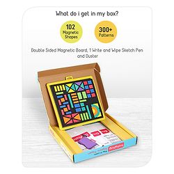 Babyhug Play N Learn Double Side Board with 102 Magnetic Shapes| Playset With Write & Wipe Feature| Puzzle Book with 300+ Patterns| 1 Sketch Pen and Duster Learning and Educational Toy for 4-6 Years Kids| Gifting Toy| BIS Certified