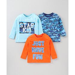 Babyhug Full Sleeves Tees Text Print Pack of 3 - Blue Orange