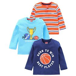 Babyhug Full Sleeves Printed Tee Pack of 3  - Sky & Navy Blue Red