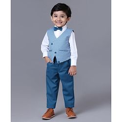 Babyhug 3 Piece Full Sleeves Checks Party Suit With Bow - Blue White