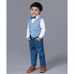 Babyhug 3 Piece Full Sleeves Checks Party Suit With Bow - Blue White