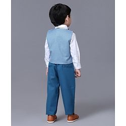 Babyhug 3 Piece Full Sleeves Checks Party Suit With Bow - Blue White