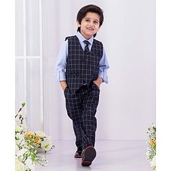 Babyhug Full Sleeves 3 Piece Party Suit Checked - Navy