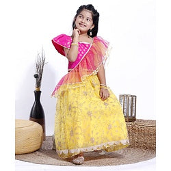 Babyhug Sleeveless Embroidered Choli & Lehenga With Dupatta - Pink Yelow
