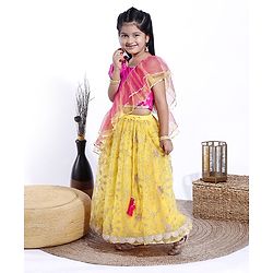 Babyhug Sleeveless Embroidered Choli & Lehenga With Dupatta - Pink Yelow