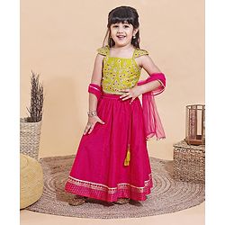 Babyhug Cap Sleeeve Choli Lehenga Dupatta Set Floral Embroidery - Fuschia Mustard
