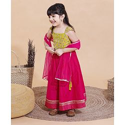 Babyhug Cap Sleeeve Choli Lehenga Dupatta Set Floral Embroidery - Fuschia Mustard