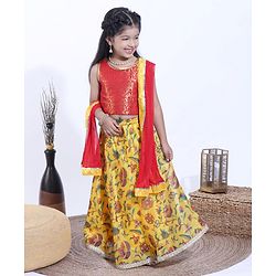 Babyhug Sleeveless Choli & Lehenga With Dupatta Floral Print -Red Yellow
