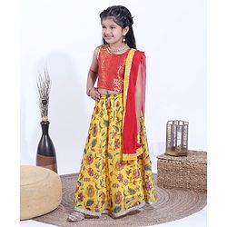 Babyhug Sleeveless Choli & Lehenga With Dupatta Floral Print -Red Yellow