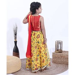 Babyhug Sleeveless Choli & Lehenga With Dupatta Floral Print -Red Yellow