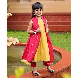 Babyhug Sleeveless Kurti & Shrug Floral Embroidery - Fuchsia Yellow