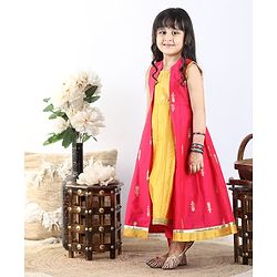 Babyhug Sleeveless Kurti & Shrug Floral Embroidery - Fuchsia Yellow