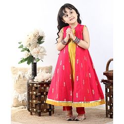 Babyhug Sleeveless Kurti & Shrug Floral Embroidery - Fuchsia Yellow