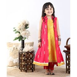 Babyhug Sleeveless Kurti & Shrug Floral Embroidery - Fuchsia Yellow
