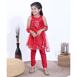 Babyhug Sleeveless Kurti & Churidaar With Dupatta Floral Embroidery - Red