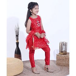 Babyhug Sleeveless Kurti & Churidaar With Dupatta Floral Embroidery - Red
