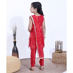Babyhug Sleeveless Kurti & Churidaar With Dupatta Floral Embroidery - Red