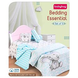 Babyhug Premium 180 TC Cotton Baby Bedding Essentials Set Pack of 6 Elephant Theme -Blue