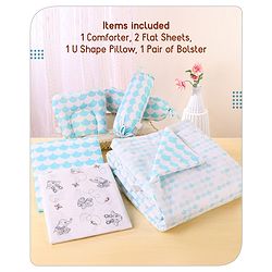 Babyhug Premium 180 TC Cotton Baby Bedding Essentials Set Pack of 6 Elephant Theme -Blue
