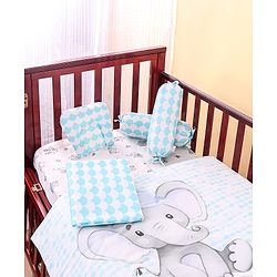 Babyhug Premium 180 TC Cotton Baby Bedding Essentials Set Pack of 6 Elephant Theme -Blue
