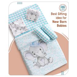 Babyhug Premium 180 TC Cotton Baby Bedding Essentials Set Pack of 6 Elephant Theme -Blue