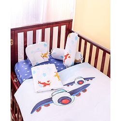 Babyhug Premium 180 TC Cotton Baby Bedding Essentials Set Pack of 6 Aeroplane Theme-Navy Blue