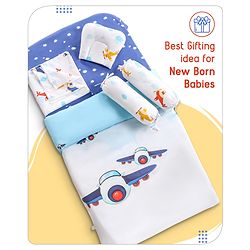 Babyhug Premium 180 TC Cotton Baby Bedding Essentials Set Pack of 6 Aeroplane Theme-Navy Blue