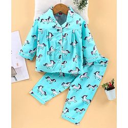 Babyhug Full Sleeves Night Suit Unicorn Print  - Blue