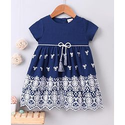 Babyhug Short Sleeves Schiffli Frock - Blue
